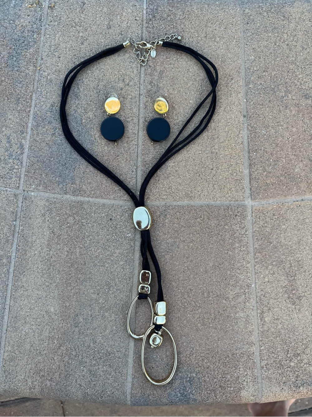 Chico’s Black Cord Necklace and Earring Set with Gold Accents